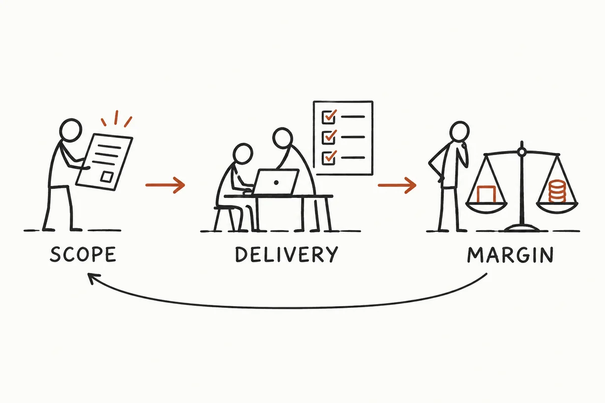 Hand-drawn agency workflow connects scope, delivery, and margin, with feedback returning to scope.