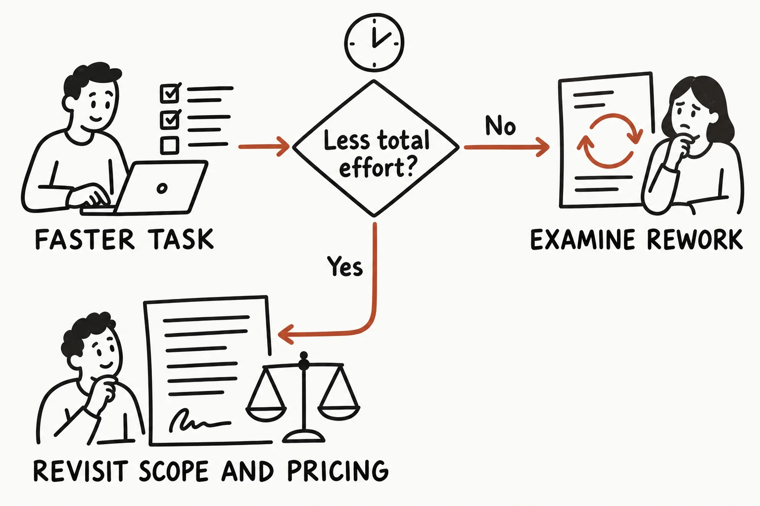 A faster task raises the question: less total effort? If no, examine rework. If yes, revisit scope and pricing.